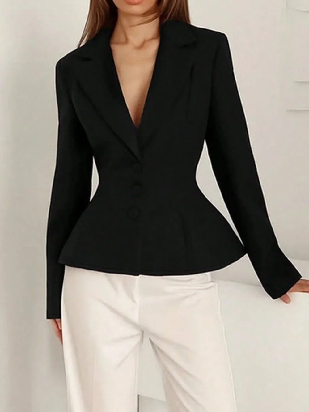 Black Elegant Women's Regular Fit Long Sleeve Plain Pocketed Shacket